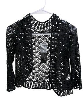 Sky Black Crochet Open-Front Cardigan